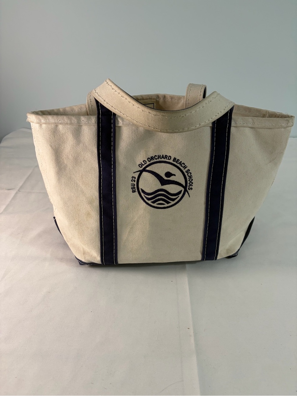 L.L.Bean Boat and Tote Beige/Navy Embroidered Open Top Double Handle USA